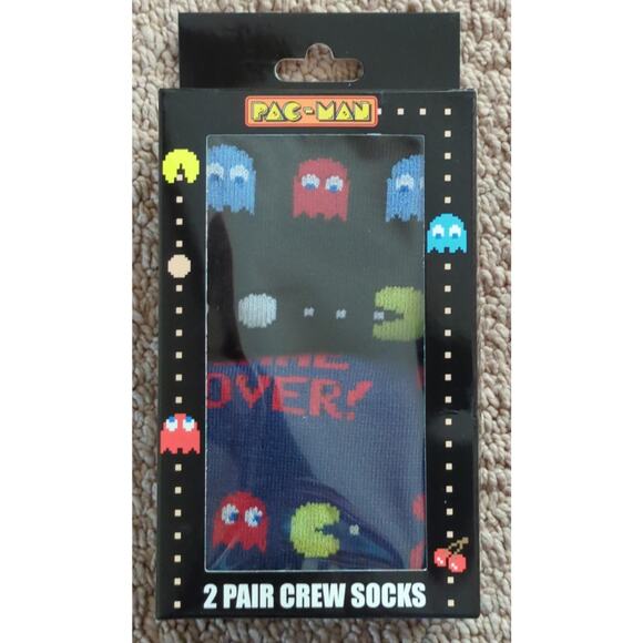 Pac-Man Crew Socks Set of 2 One Blue Pair One Black Pair New In Box Shoe Sz 6-12 - Picture 2 of 8